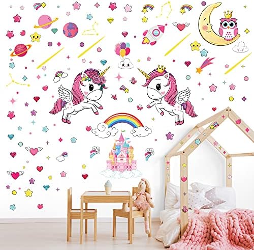 8 Yaprak Unicorn Duvar Çıkartması ile Kalpler ve Yıldız Renkli Ay Kale Gökkuşağı Bulutlar Duvar Sticker DIY Peel ve Sopa Duvar