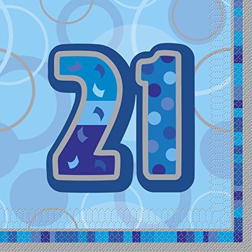 BENZERSİZ PARTİ 28459-Parlak Mavi 21. Doğum Günü Kağıt Peçeteleri, 16'lı Paket