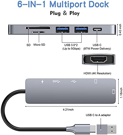 UUETKNN USB C HUB 6 in 1 USB C Dizüstü Yerleştirme Istasyonu Çift 4 K HDMI 2 USB 3.0 SDMicro SD kart okuyucu 87 W PD Şarj ve