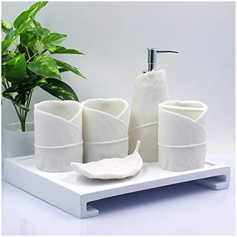 Sabunluk Dekorasyon 5 Parçalı Beyaz Banyo Aksesuarları Seti Yaprak Şekli Reçine Banyo Seti Losyon Dispenseri Pompası,vb içerir