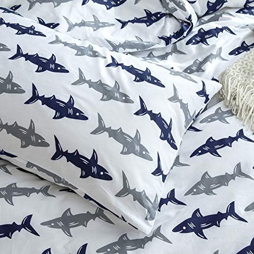 BuLuTu Pamuk Lacivert / Gri Köpekbalığı Baskı Yatak Yastık Kılıfı 2 Set Kraliçe Beyaz Balık Yastık Kılıfı Dekoratif Standart