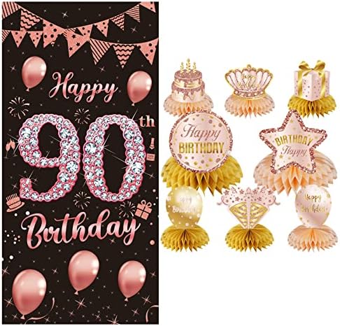 90th Doğum Günü Kapı Afiş ve Masa Centerpieces Petek Süslemeleri Kadınlar için, 90 Yaşındaki Doğum Günü Partisi Zemin Malzemeleri,