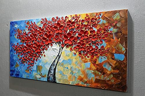 Sangbuy Sanat 24x48 İnç El Boyalı Yağlıboya Tuval Üzerine Dokulu Palet Bıçağı Resimleri Kırmızı Ağaç Resimleri Modern Ev Dekor