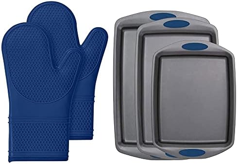 Gorilla Grip Silikon Fırın Eldiveni Seti ve Pişirme Tavaları 3'lü Set, Her İkisi de Mavi Renkte, Fırın Eldiveni ısıya Dayanıklı,