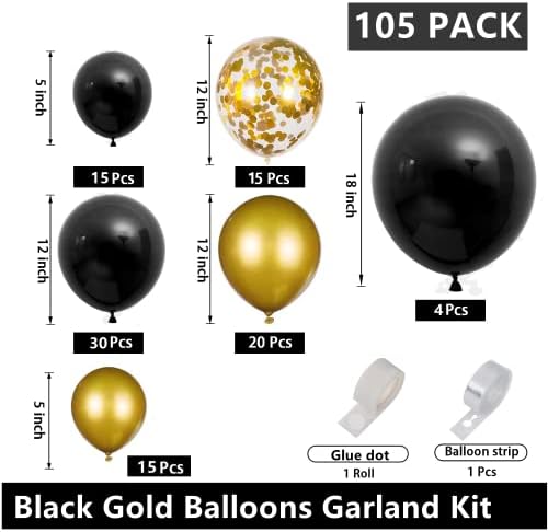 Muliooe Siyah ve Altın Balonlar Çelenk kiti-105 pcs 3 Boyutları Siyah ve Altın Balonlar Metalik Altın Balonlar Altın konfeti