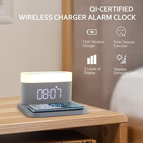 Gece Işıklı Dijital Alarmlı Saat, Wakemolin 15W Ultra Hızlı Kablosuz Şarj Ayarlanabilir Parlaklığa Sahip Dokunmatik Başucu Okuma