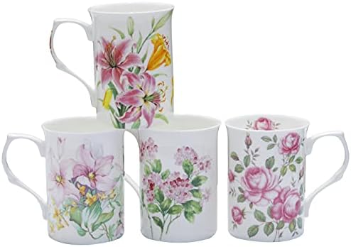 Grace Teaware Kemik Çini Kahve Çay Kupalar 9-Ons, 4 Çeşitli Set (Bahar Çiçek)