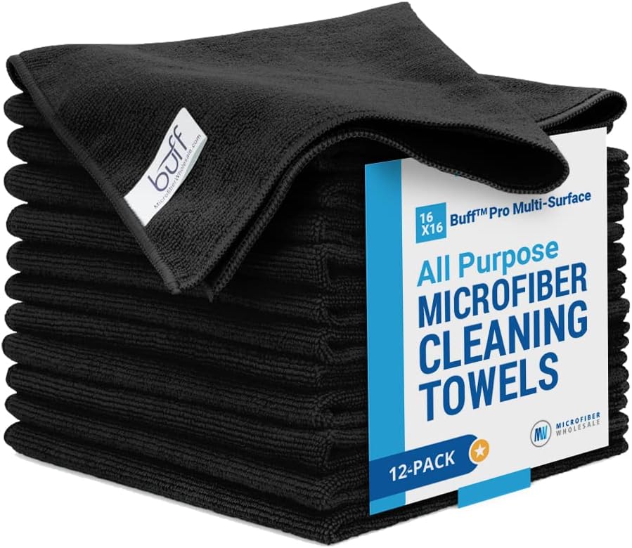 Buff Pro Çok Yüzeyli Mikrofiber Havlu - 12 Paket | Premium Temizlik Bezi / Temiz, Toz, Lehçe, Absorbe / Büyük 16 x16 (Siyah)