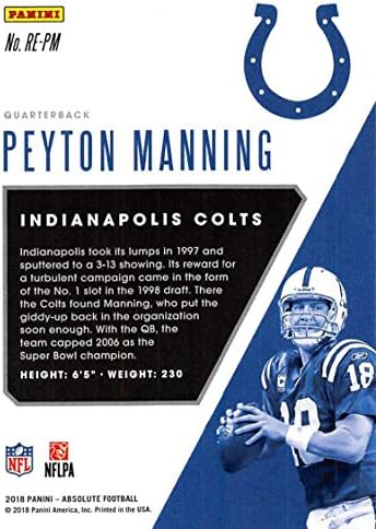 2018 Mutlak Futbol Devrimcileri 9 Peyton Manning Indianapolis Colts Panini tarafından yapılan Resmi NFL Ticaret Kartı