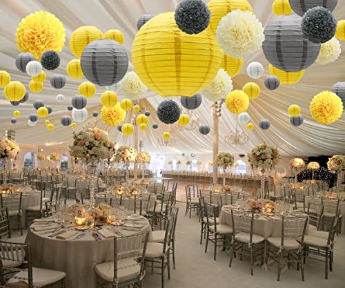 KAXİXİ Asılı Parti Süslemeleri Seti, 15 adet Sarı Gri Beyaz Kağıt Çiçekler Pom Poms Topları ve Kağıt Fenerler Düğün Doğum Günü