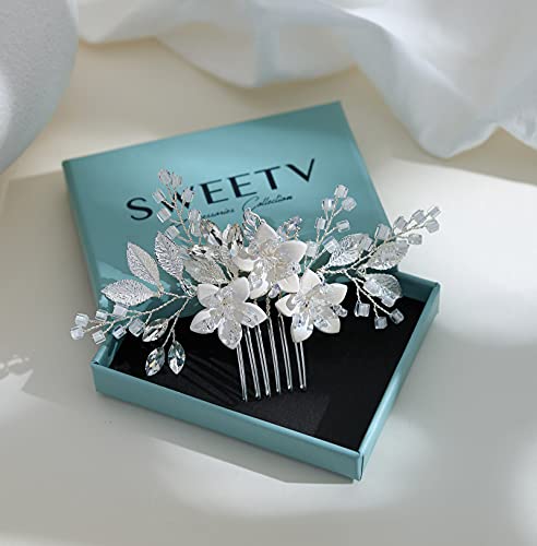 SWEETV Düğün Saç Tarak Klip Gelin Kristal Düğün Saç Aksesuarları Gelinler ve Nedime için, Gümüş