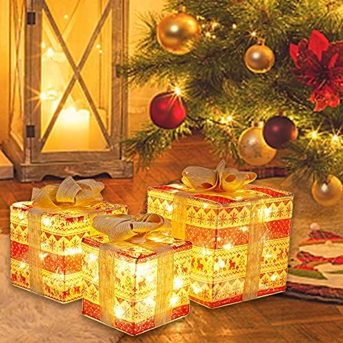 Prsildan 3 Set Noel ışıklı hediye kutuları süslemeleri, sıcak beyaz LED ışıkları süs için yaylar ile noel ağacı kapalı açık ev
