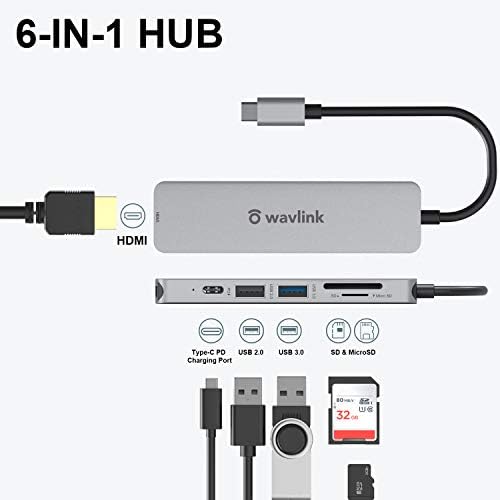 WAVLİNK USB C Hub, PD 6-in-1 Tipi C Adaptörü Mini Yerleştirme İstasyonu Alüminyum ile 4 K 30Hz HDMI, USB 3.0, USB 2.0, SD/TF