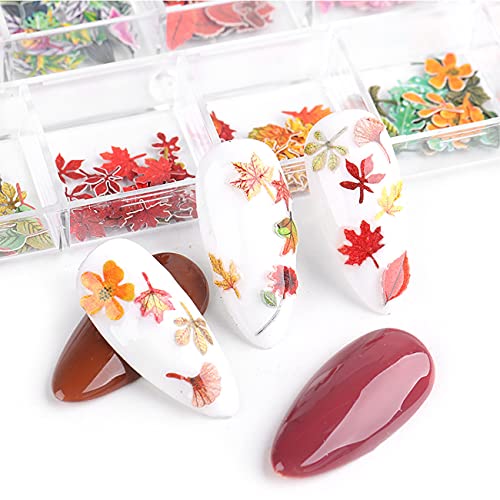 12 Renk / Kutu 3D akçaağaç yaprakları Nail Art Sequins Sticker Çıkartmaları Akrilik Çivi Renkli Karışık Manikür Tam Dekorasyon