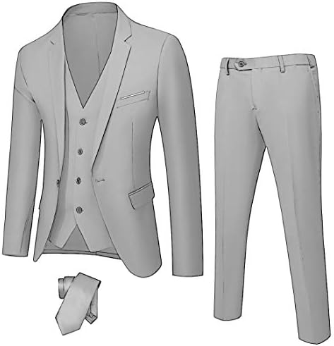 YND Erkek Slim Fit 3 Parça Takım Elbise, Kravatlı Tek Düğmeli Katı Ceket Yelek Pantolon Seti