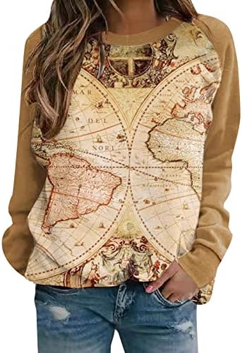 Crewneck tişörtü bağbozumu, kadın Gevşek Yuvarlak Boyun Batı Tarzı Dijital Baskı Renk Uzun Kollu Üst
