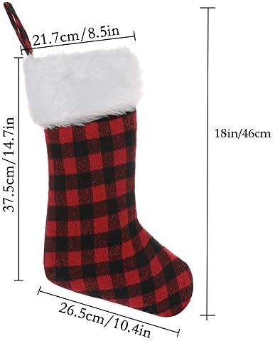 Ewer 4 Paket Ekose Noel Çorap Kırmızı ve Siyah Noel Çorap Beyaz Peluş Faux Kürk Manşet Çorap Klasik Noel Stocking Süslemeleri