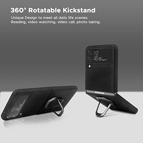 10 Cent Samsung Galaxy Z Flip 3 Kılıf 5G ile Uyumlu (2021) Kickstand ile Şık Şık Deri Kapak Kılıf(Karbon Siyahı)