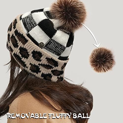 Bayan Kış Örme Bere Şapka ile Faux Kürk Pom Çıkarılabilir Sıcak Ekose Şapka Kaflı Bere Şapka Kadınlar için