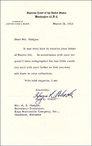 Adalet Yardımcısı Hugo L. Kara Yazılı Mektup 03/15/1963 tarihinde İmzalandı