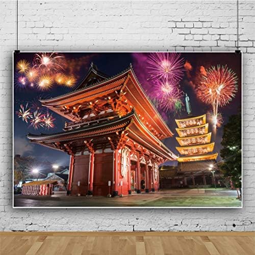 Haoyiyi 10x8ft Çin Yeni Yılı Fotoğraf Backdrop Sensoji Tapınak Renkli Havai Fişek Gece Arka Plan Antik Saray Yeni Yıl Kutlama