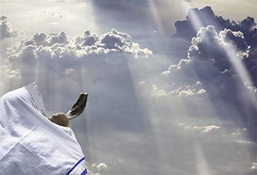 AOFOTO 7x5ft kutsal ışık Gökyüzü Shofar Zemin Adam Giyen Beyaz Tallit ve Darbe Boynuz Rosh Hashanah Namaz Şal Arka Plan için