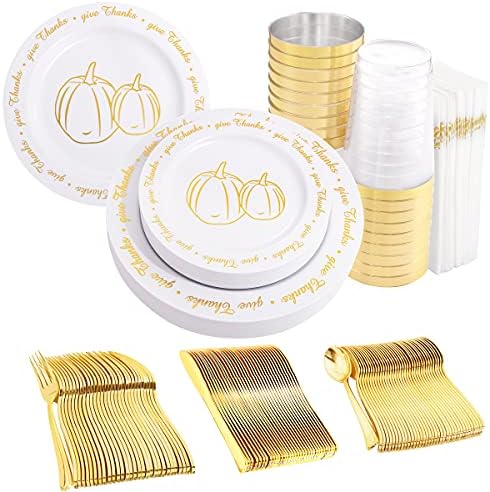 THALİA 200 Altın Plastik Yemek Takımı, Altın Kabaklı Noel Plastik Tabaklar, Şükran Günü Partisi Tabakları, Altın Plastik Gümüş