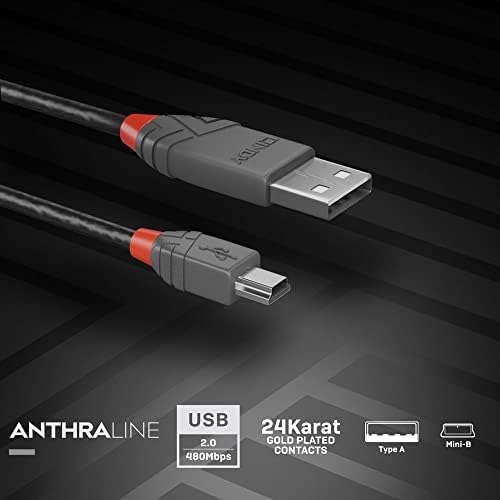 LİNDY 36725 USB 2.0 Tip A'dan Mini-B'ye Kablo, Anthra Hattı-Siyah, 5m