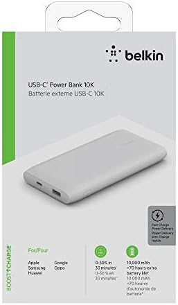 Belkin USB-C PD Güç Bankası 10K (Hızlı Şarj Taşınabilir Şarj Cihazı w/USB-C + USB Bağlantı Noktaları, 10000mAh Kapasite) Pil