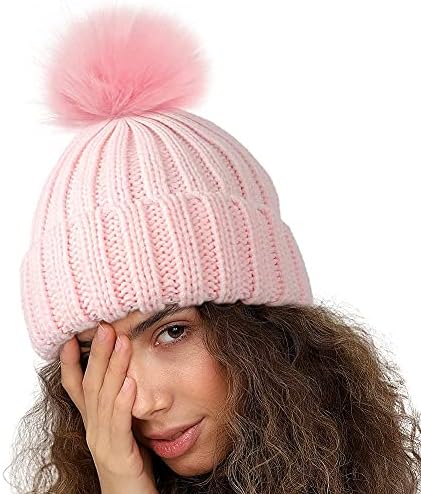 Bayan Kış Saten Astarlı Pom Şapka Örme Kasketleri ıle Ayrılabilir Pom Kürk Şapka Kız Ipek Astarlı Kış Sıkı Sıcak Şapka