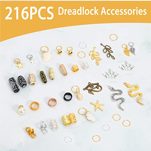 PP OPOUNT 216 PCS Dreadlocks Aksesuarları, DreadLock Boncuk Saç Süslemeleri ile Tüp Boncuk Saç Örgü Metal Manşet, ahşap Boncuk