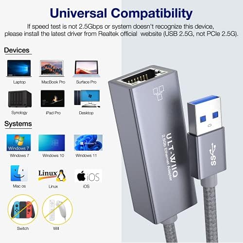 USB 2.5 Gb Ethernet Adaptörü, ULT-WIIQ USB 3.0 ila 2.5 Gigabit RJ45 LAN Ağ Adaptörü Kablosu, Mac OS, iOS, Windows, Linux, Dell