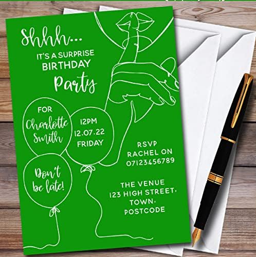 Shhh Bu Bir Sürpriz Çizgi Sanat Koyu Yeşil Kişiselleştirilmiş Doğum Günü Partisi Davetiyeleri