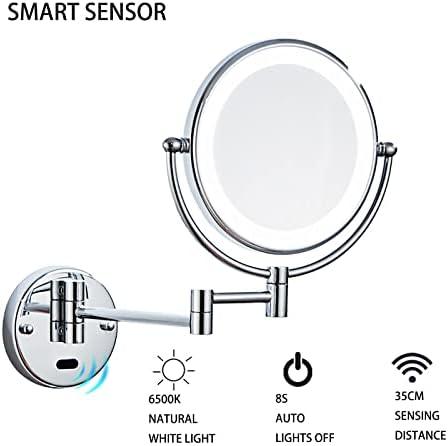 Makyaj Aynası Duvara Monte, 8 İnç 1X/7X Büyüteçli Çift Taraflı Dokunmatik Düğme LED Işıklı Ayna, 360° Dönebilen Uzatılabilir