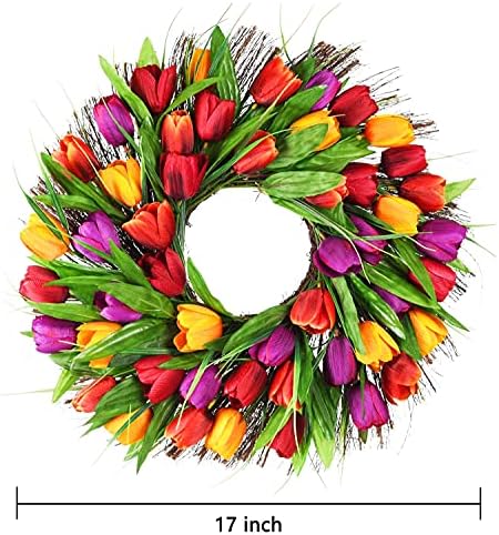Wofair Lale Çelenk Yapay 17 İnç Lale Çelenkler için Ön Kapı, sahte Bahar İpek Çiçek Çelenk Yeşil Yaprakları ile Gerçek Sere Vines