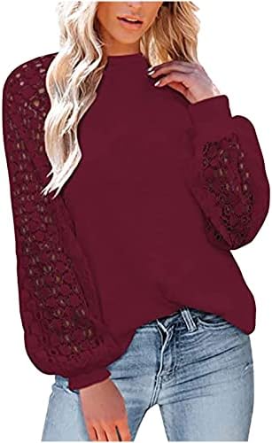 Kadın Yuvarlak Boyun Iş Şık Bluz Dantel Fener Uzun Kollu Güz Tunik Dikiş Gevşek Tops Katı Sweatershirt