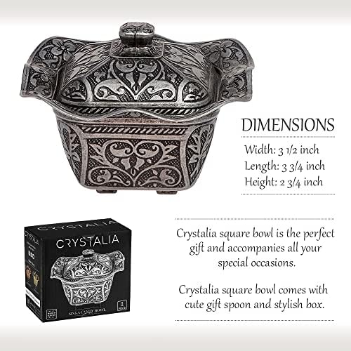 Crystalıa Dekoratif Kapaklı Şekerlik, Kare Lokum Kabı, Ev ve Mutfak için Osmanlı Tasarımlı Metal Süslü Servis Tabağı, Premium