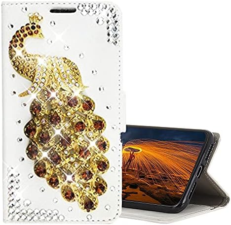 Glitter Cüzdan Telefon kılıfı ile Uyumlu Samsung Galaxy A10e 2019, AS-Zeke 3D El Yapımı Serisi Tavuskuşu Taklidi Kristal Bling