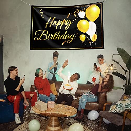 Doğum Günün Kutlu Olsun Afiş-Balonlar ve Konfeti Parti Zemin ile Siyah ve Altın Temalı Mutlu Yıllar-Doğum Günü Dekorasyon Vinil