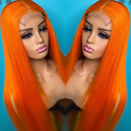 Turuncu Renk 13X4X1 T Parçası dantel ön peruk Uzun düz saç peruk ısıya dayanıklı iplik saç sentetik dantel ön peruk Kadınlar