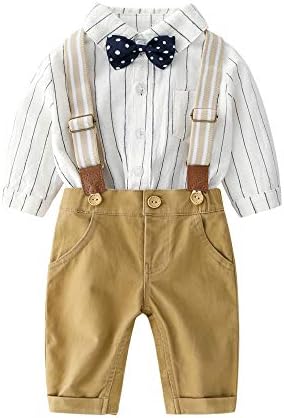 Bebek Erkek Beyefendi Kıyafet Takım Elbise Seti, Bebek Çizgili Üst + Sarı Pantolon + Papyon Tulum Giysi Set