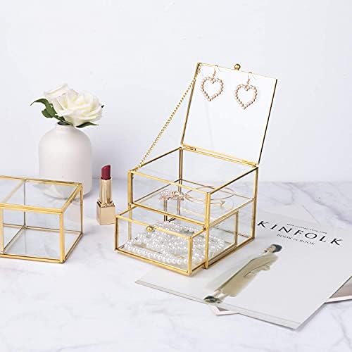 Feyarl Altın Cam Takı Biblo Çekmece Kutusu Süslü Yüzük Küpe Vanity Organizatör Tutucu Dekoratif Kutu Dresser Ofis için
