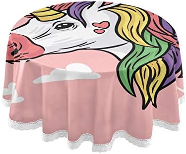 Unicorn Yuvarlak Keten Masa Örtüsü Yerleşimi Dantel Kenar Masa Örtüsü Mutfak Yemek Dekorasyon için 60 İnç