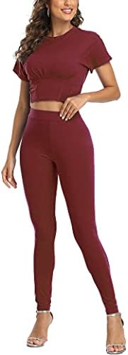 Katı Renk 2 Parça Kıyafetler Kadınlar için,karın Kontrol Kısa Kollu Kırpma Üst ve Yüksek Bel koşucu pantolonu Egzersiz Seti Eşofman