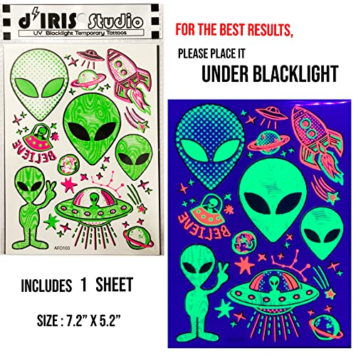Geçici Dövmeler-1 Sayfalık Alien UFO Tasarım Vücut Sanatı Blacklight Reaktif ışık Festivali Aksesuarları karanlıkta Parlayan