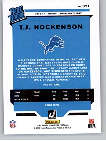 2019 Donruss Basın Kanıtı Mavi Futbol 321 T. J. Hockenson Detroit Lions Panini Amerika'dan Resmi NFL Ticaret Kartı