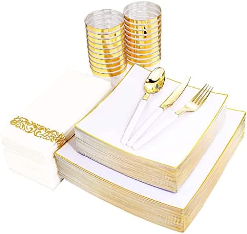 YMXDHZ 50 Parça Sofra Beyaz Kare İle Altın Jant Plastik Plaka İle Gümüş Düğün Parti Malzemeleri (Renk: A)