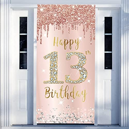 Mutlu 13th Doğum Günü Kapı Banner Backdrop Süslemeleri Kızlar için, pembe Gül Altın 13 Doğum Günü Partisi Kapı Kapak & Sundurma