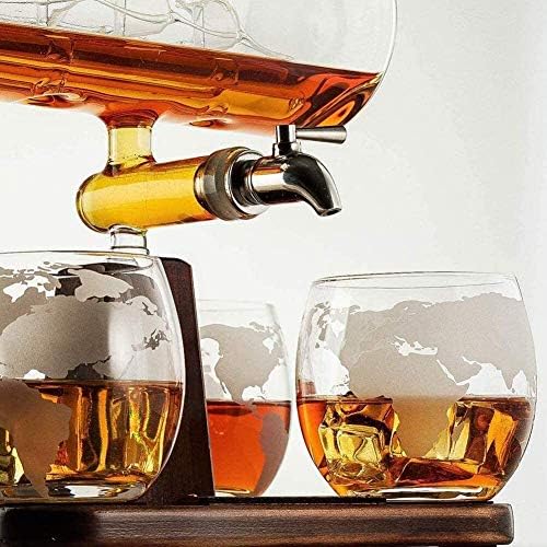 Viski Sürahi Setleri Erkekler için Kazınmış Viski Sürahi ile Gözlük-1100 ml Varil Viski Sürahi Alkol Sürahi Seti, 4 viski bardağı