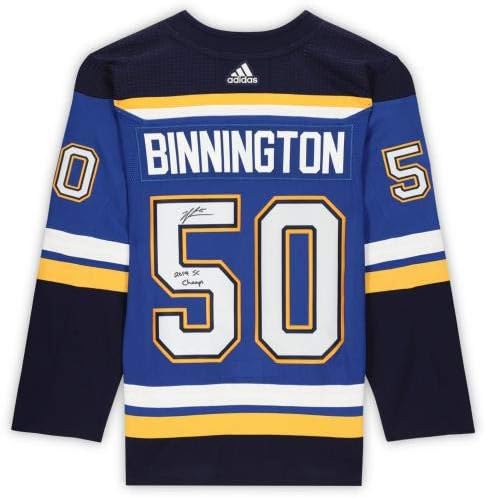 Jordan Binnington St. Louis Blues İmzalı Mavi Adidas Otantik Forması, Stanley Kupası Final Yaması ve 2019 SC Champs Yazısı -